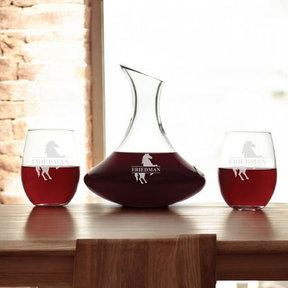 Equestrian Horse Personalized Wine Decanter with Stemless Wine Glass Set