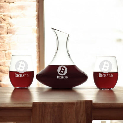 Bitcoin Crypto Personalized Wine Decanter with Stemless Wine Glass Set