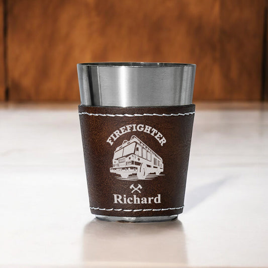 Firefighter Personalized Leather Stainless Steel Shot Glass