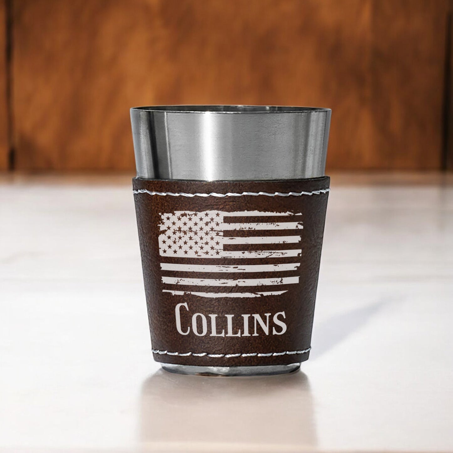 Patriotic Military Personalized Leather Stainless Steel Shot Glass