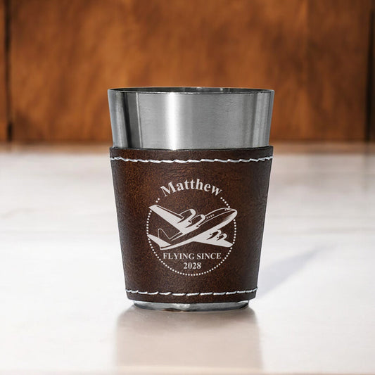 Aviator Pilot Personalized Leather Stainless Steel Shot Glass