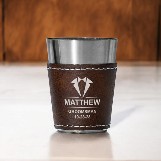 Groomsmen Personalized Leather Stainless Steel Shot Glass