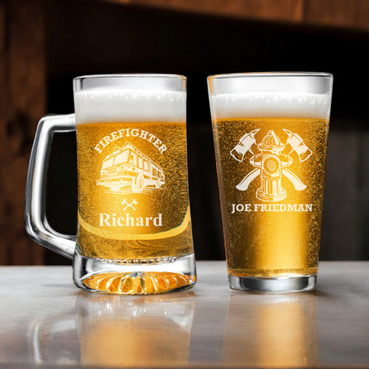 Firefighter Personalized Beer Mug and Beer Pint Glass Set