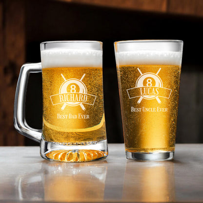 Pool Billiard Eight-Ball Personalized Beer Mug and Beer Pint Glass Set