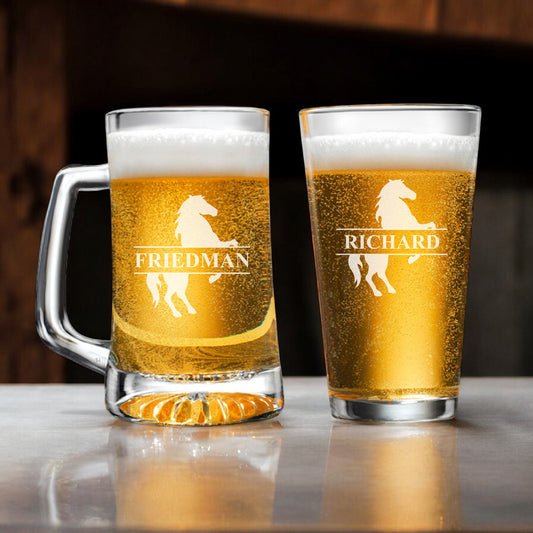 Equestrian Horse Personalized Beer Mug and Beer Pint Glass Set