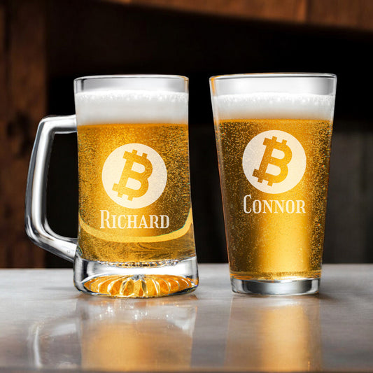 Bitcoin Crypto Personalized Beer Mug and Beer Pint Glass Set