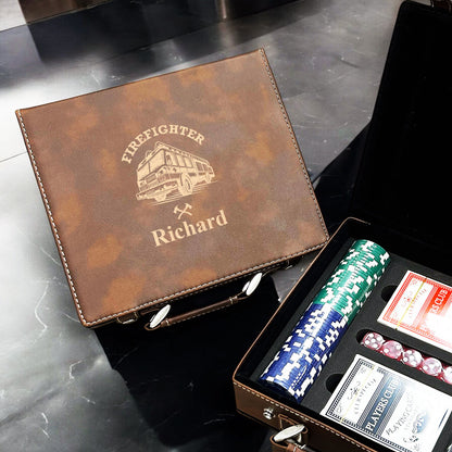Firefighter Personalized Leather Poker Gift Set