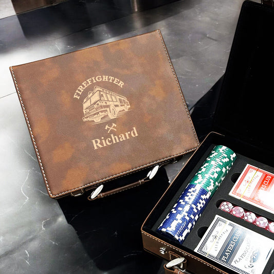Firefighter Personalized Leather Poker Gift Set