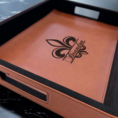 Fleur De Lis Personalized Rectangle Leather Serving Tray