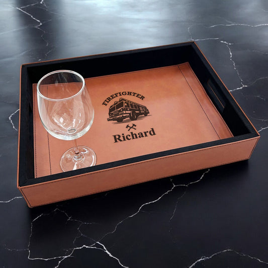 Firefighter Personalized Rectangle Leather Serving Tray
