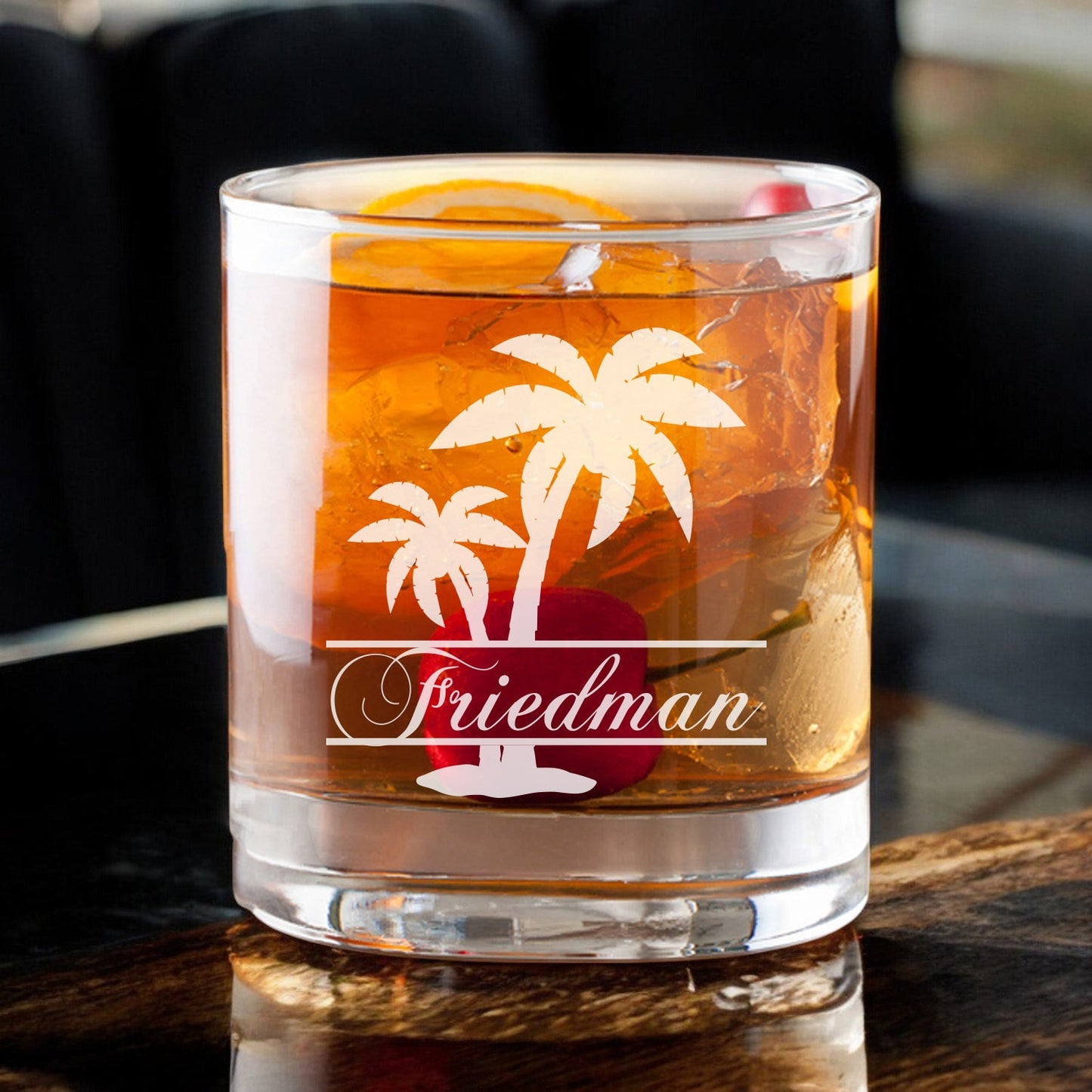 Palm Tree Personalized Whiskey Decanter with Whiskey Rocks Glasses Set - 3pc