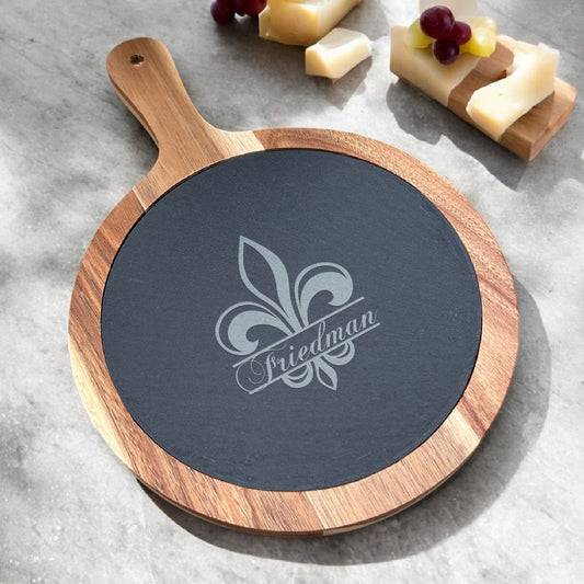 Fleur De Lis Personalized Round Slate Paddle Cheese Board