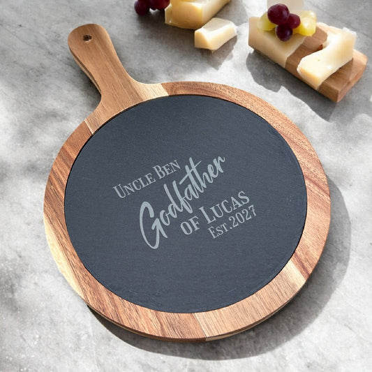 Godfather Padrino Personalized Round Slate Paddle Cheese Board