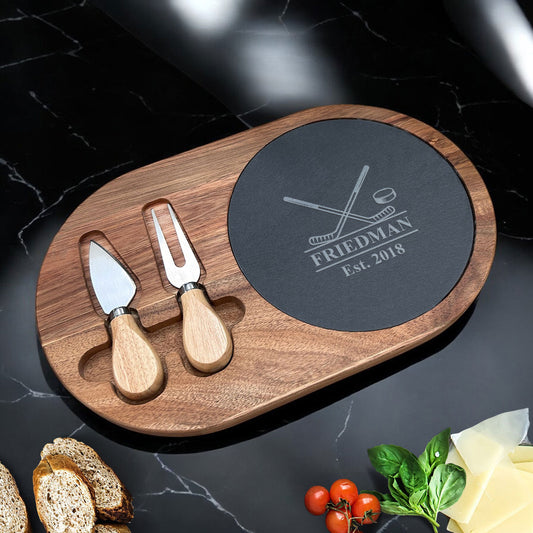 Hockey Personalized Oval Slate & Wood Cheese Board