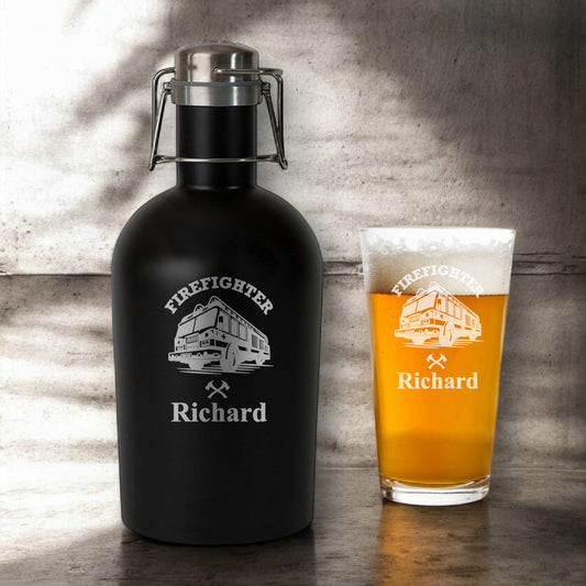 Firefighter Personalized Beer Growler with Pint Glass Set