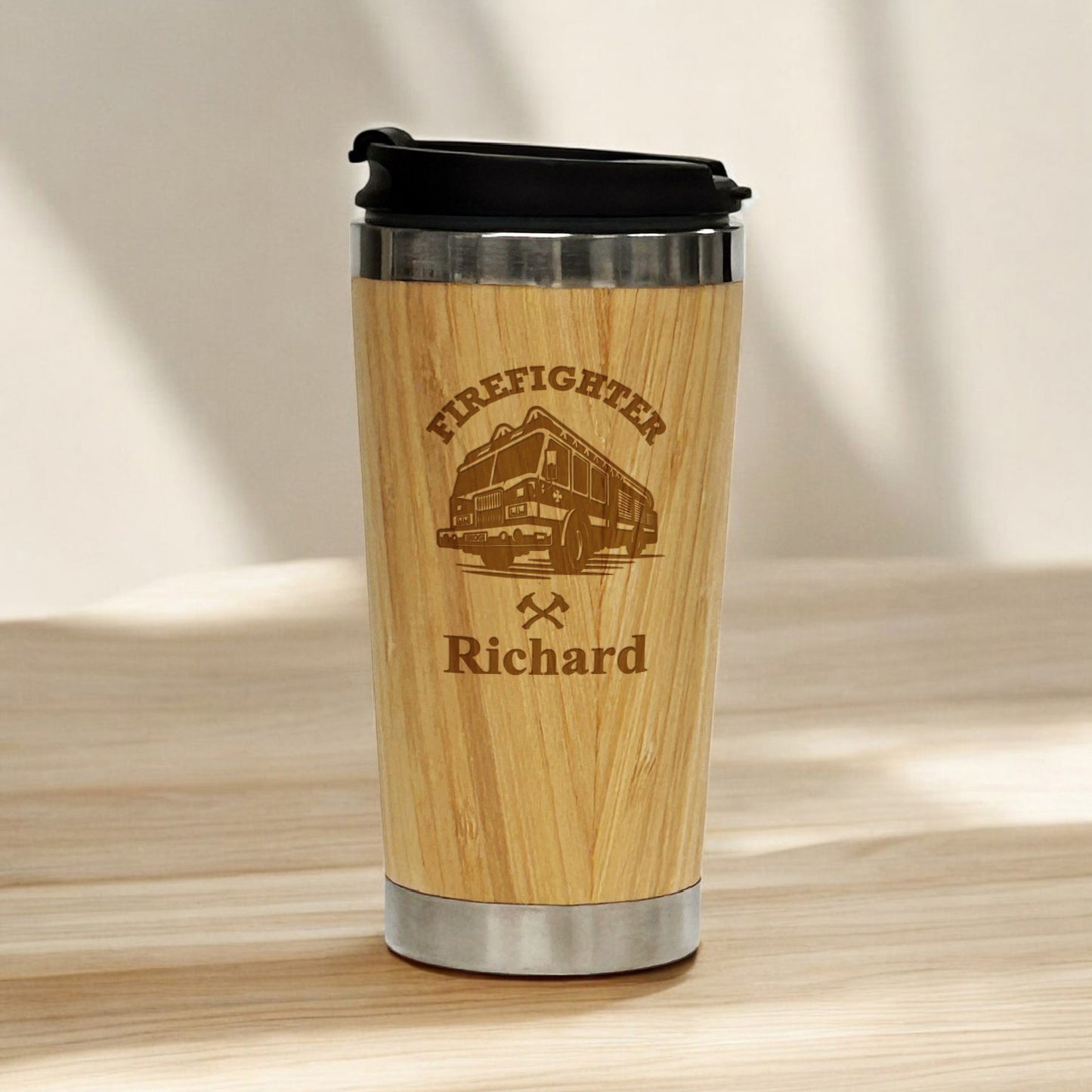 Firefighter Personalized 15 oz Bamboo Stainless Steel Tumbler