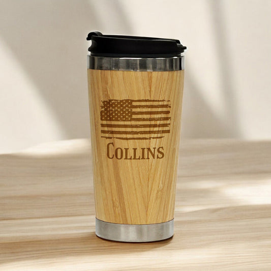 Patriotic Military Personalized 15 oz Bamboo Stainless Steel Tumbler