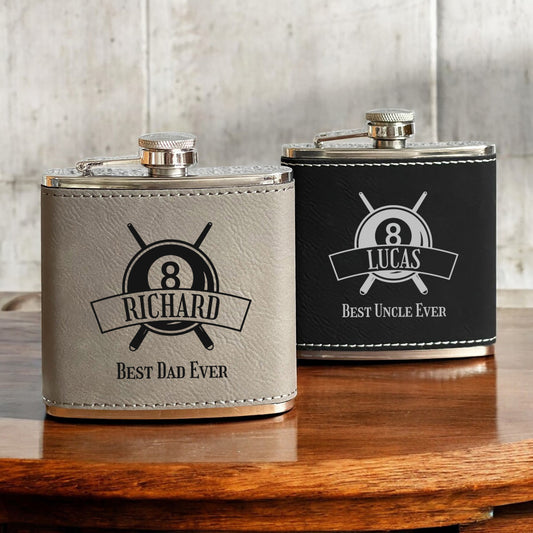 Billiards Personalized Leather Wrapped Flask