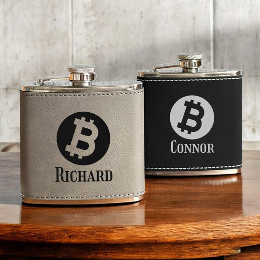 Bitcoin Crypto Personalized Leather Wrapped Flask