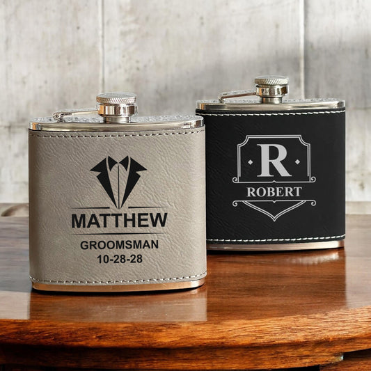 Groomsmen Personalized Leather Wrapped Flask