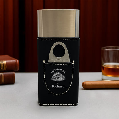 Firefighter Personalized Travel Cigar Case with Cutter - Custom Cigar Gift Set