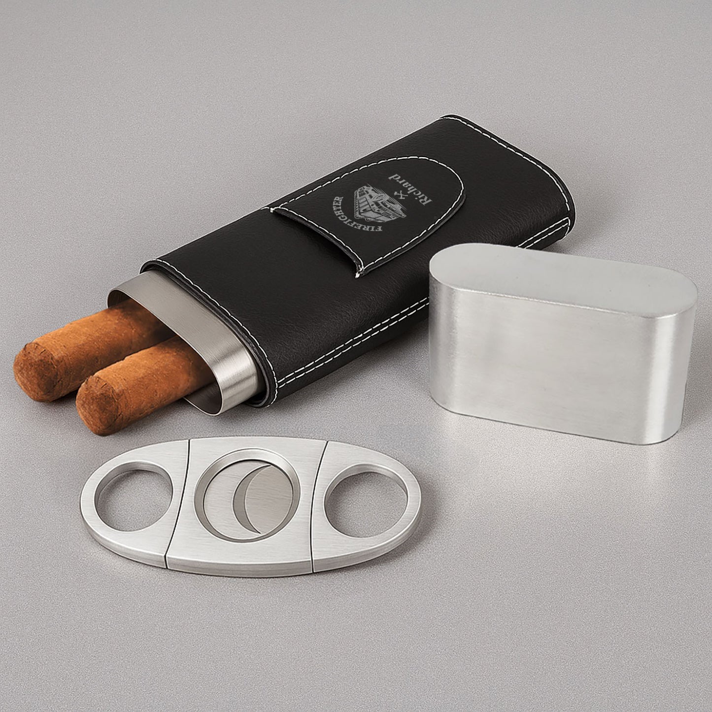 Firefighter Personalized Travel Cigar Case with Cutter - Custom Cigar Gift Set
