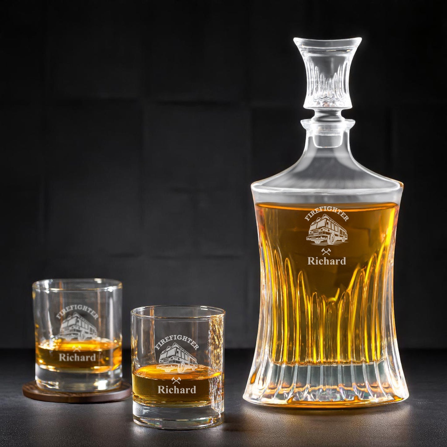 Firefighter Personalized Whiskey Decanter with Whiskey Rocks Glasses Set - 3pc