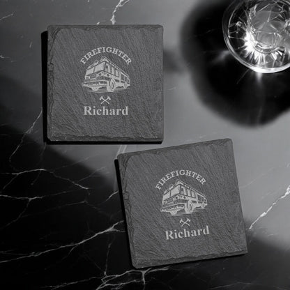 Firefighter Personalized Slate Coasters, Set of 4