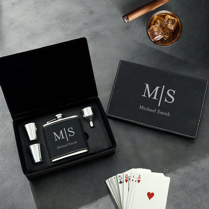 Monogram Personalized Leather Flask Set