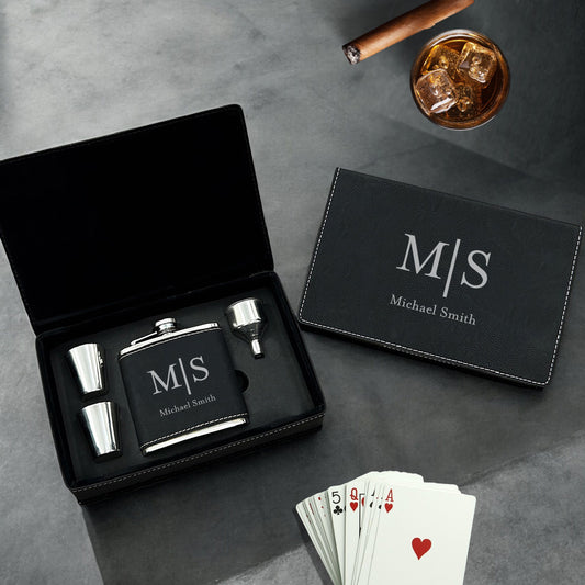 Monogram Personalized Leather Flask Set