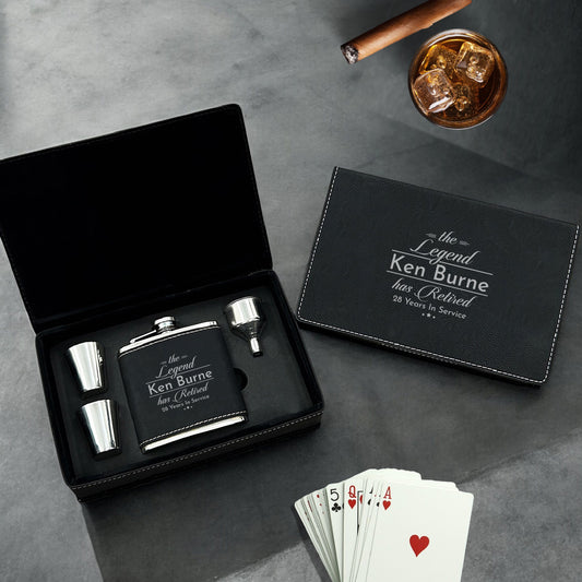 The Legend Has Retired Personalized Leather Flask Set